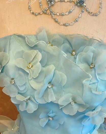 Blue 3D Floral Tiered Ruffled Tulle Ball Gown Quinceanera Dress, Sweet 15 Birthday Formal Dress RC0035