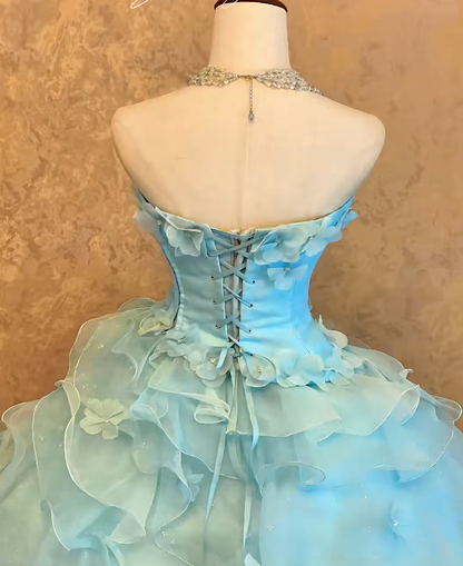 Blue 3D Floral Tiered Ruffled Tulle Ball Gown Quinceanera Dress, Sweet 15 Birthday Formal Dress RC0035