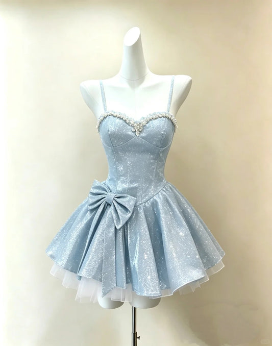 Classy A line Spaghetti Strap Light Sky Blue Sequin Night Short Graduation Dress Inspo Senior Homecoming Outfits RB4842