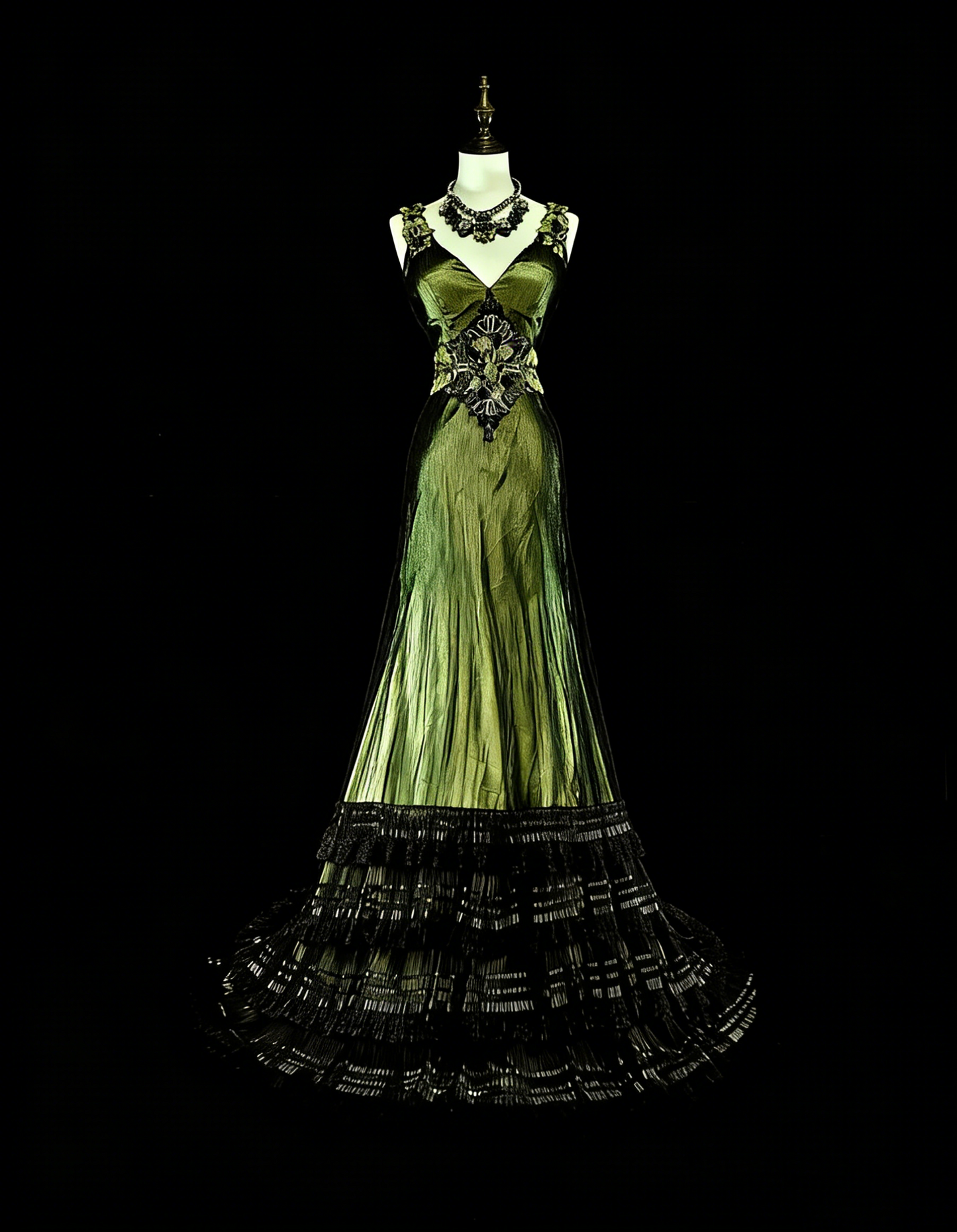 Vintage Abschlussballkleider Meerjungfrau V-Ausschnitt Olivgrün Schwarz Tüll mit Perlen 90er Lange Abendkleid N2716