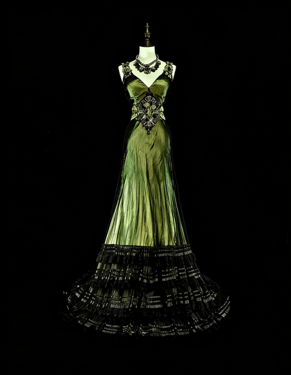 Vintage Abschlussballkleider Meerjungfrau V-Ausschnitt Olivgrün Schwarz Tüll mit Perlen 90er Lange Abendkleid N2716