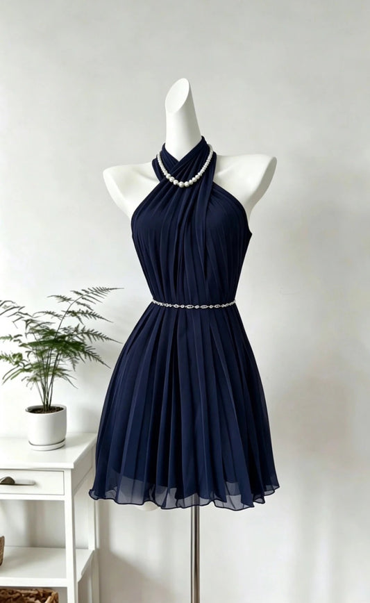 Elegant A Line Halter Navy Blue Chiffon Short Cocktail Gown Homecoming Dresses Ideas Hoco Outfits RB4821