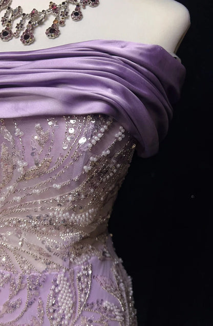 Robe de bal vintage Inspo sirène bustier lilas sequinée avec perles fendues années 80 longue robe de soirée N2742