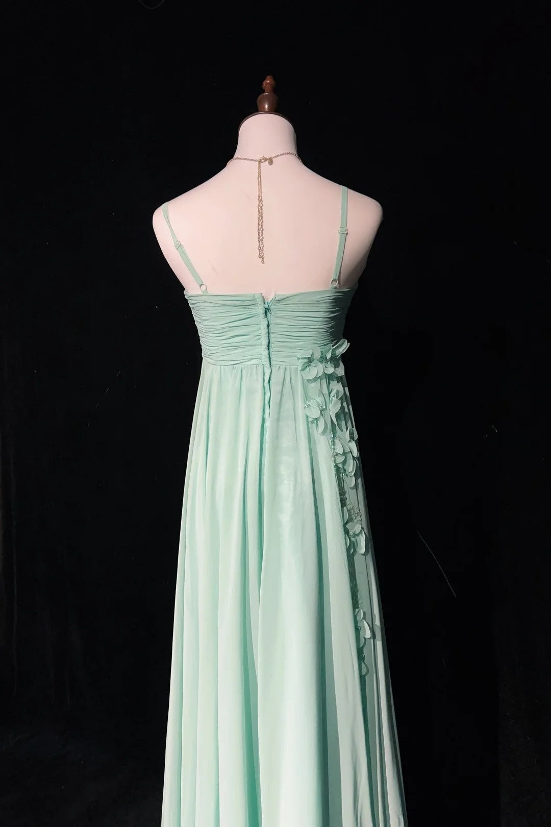 Vintage Prom-Kleider A-Linie Spaghettiträger Mintgrün Chiffon Ärmellos 1980er Lange Formelle Abendrobe N2630