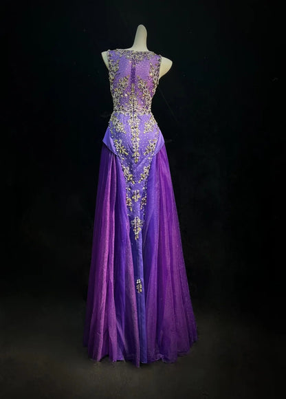 Sirène Vintage Col Bateau Violet Avec Perles Tulle Robes De Bal Longues Inspirations Tenues De Soirée RB4343