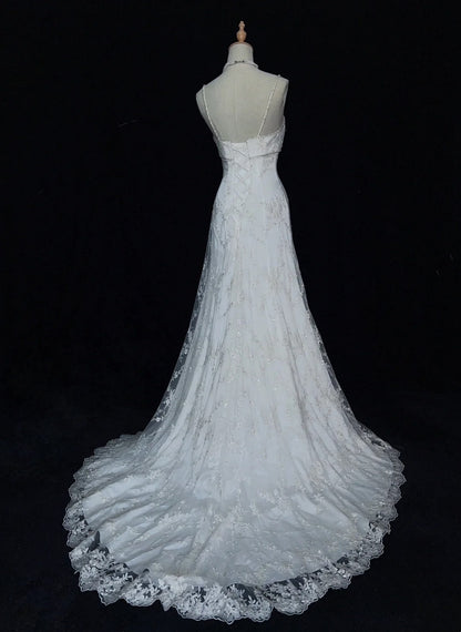 Vintage Brautkleider Inspo Meerjungfrau Spaghettiträger Weiß Lang 1980er Mit Spitze Brautkleider N3367