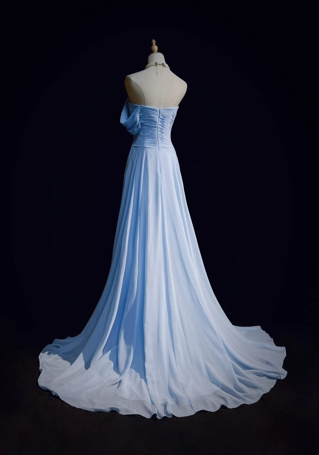Vintage Meerjungfrau-Abschlussballkleider Schulterfrei Hellblau 70er Jahre mit Rüschen Chiffon Langes festliches Partykleid N2517