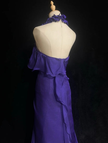 Vintage Prom Dresses 1960s Mermaid V Neck Purple Chiffon With Ruffled Long Prom Gown N3110
