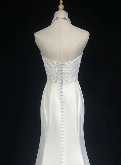 Vintage 90er Brautkleider Meerjungfrau Trägerlos Satin Weiß Perlen Sommer Garten Langes Brautkleid N3823