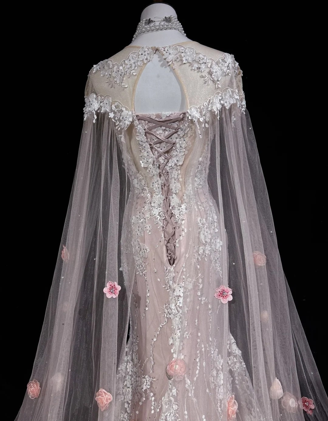 Vintage Prom Dresses Inspo Mermaid Scoop Pink Lace 1990s With Flowers Cape Formal Gowns N3317