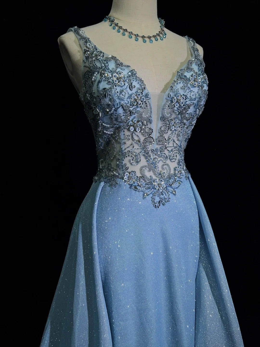 Inspiration Robes de Bal Élégantes Sirène Col V Bretelles Paillettes Bleues avec Volants pour Femmes Robe de Soirée N3227