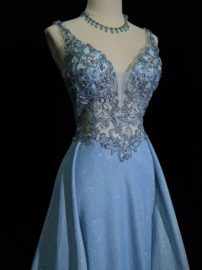 Inspiration Robes de Bal Élégantes Sirène Col V Bretelles Paillettes Bleues avec Volants pour Femmes Robe de Soirée N3227