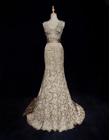 Robes de bal vintage des années 1980 Sirène Col en V Dentelle Rose avec Appliques Perles Longue Robe de Bal N3112