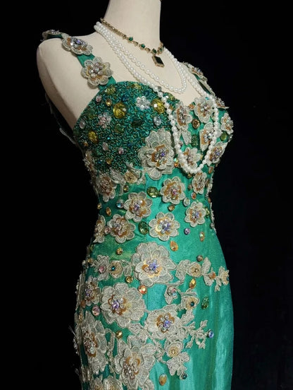 Robes de bal vintage Sirène bustier vert en tulle des années 70 avec perles appliquées Robe de soirée N2533