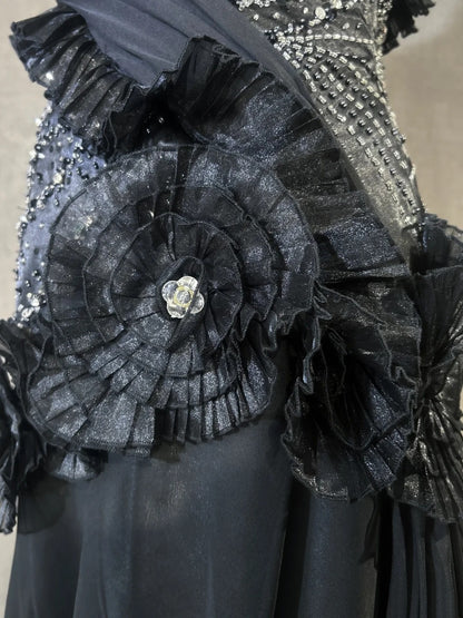 Robes de bal vintage Sirène Bustier Robe de soirée noire en mousseline de soie avec perles Robe de soirée longue années 1980 N2621