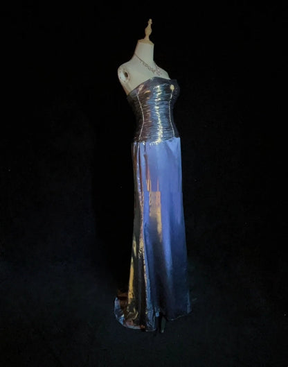 Robes esthétiques de bal vintage bleu marine coupe trapèze avec perles longue robe de soirée N3025