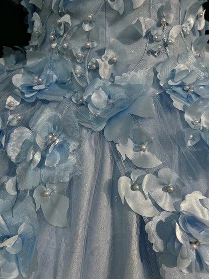 Magnifique robe de bal de promo en tulle bleu, style princesse, avec des appliqués, décolleté épaules dénudées, longue robe de soirée N2926