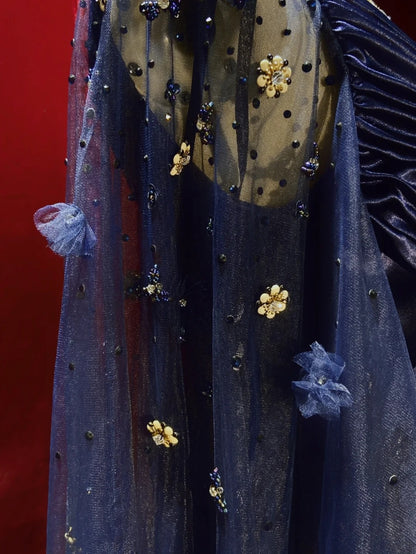 Vintage Ballkleider Inspo A-Linie Empire V-Ausschnitt Marineblau Satin 90er Mit Ärmeln Abendkleider N3314