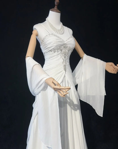 Zeitlose Brautkleider Meerjungfrau Spaghettiträger Weiß Chiffon Mit Schal Langes Brautkleid N3063