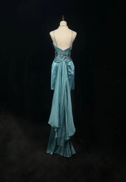 Vintage Classy Prom Dresses A Line Tiffany Blue V Neck Lace Satin With Beaded Evening Long Dress N3300