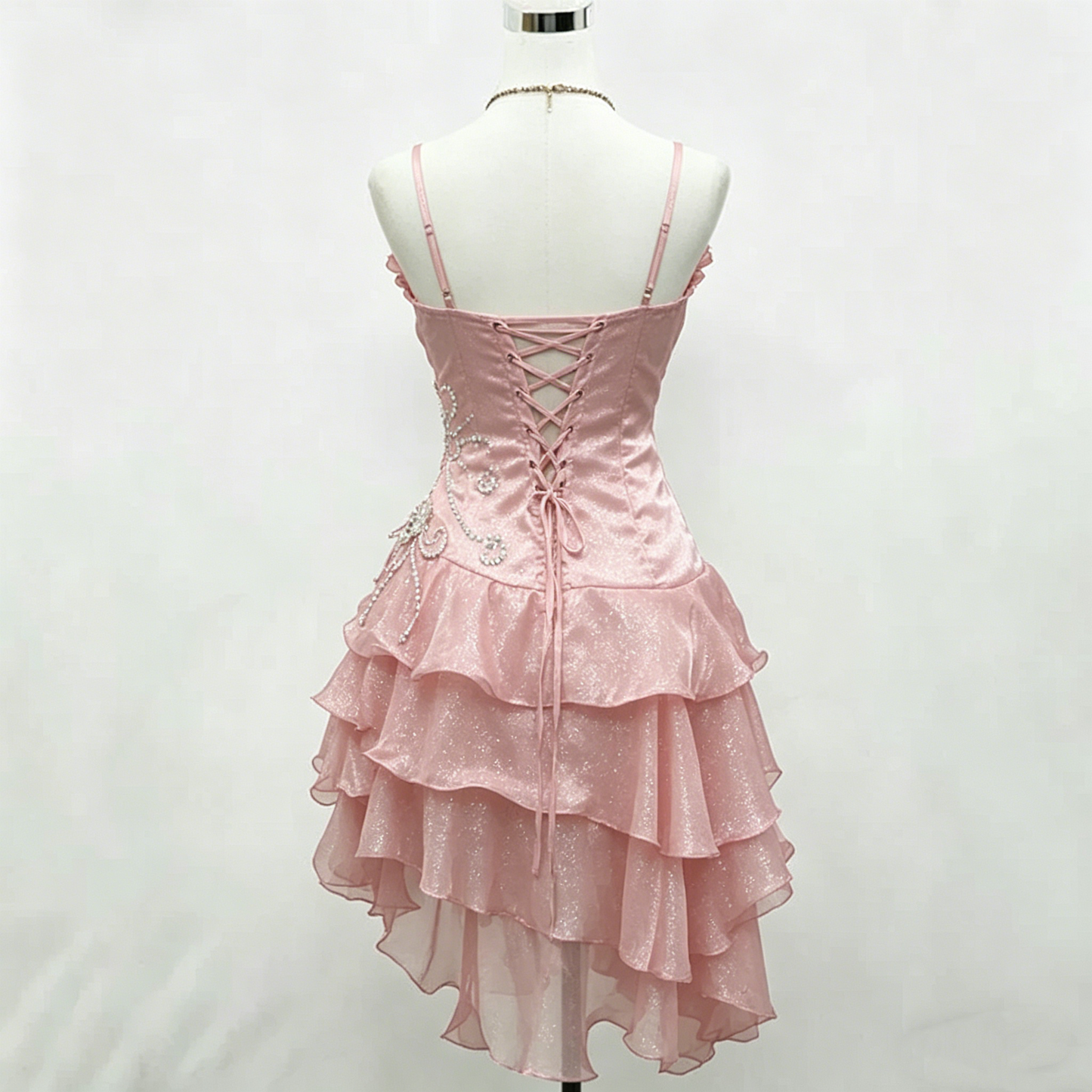 Robe de soirée courte à bretelles scintillante rose pailletée N3908