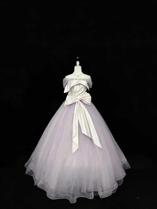 Sweet 16 Dresses Long Ball Gown Off Shoulder With Sleeves Lilac Tulle Sweet Sixteen Birthday Gown RC0350