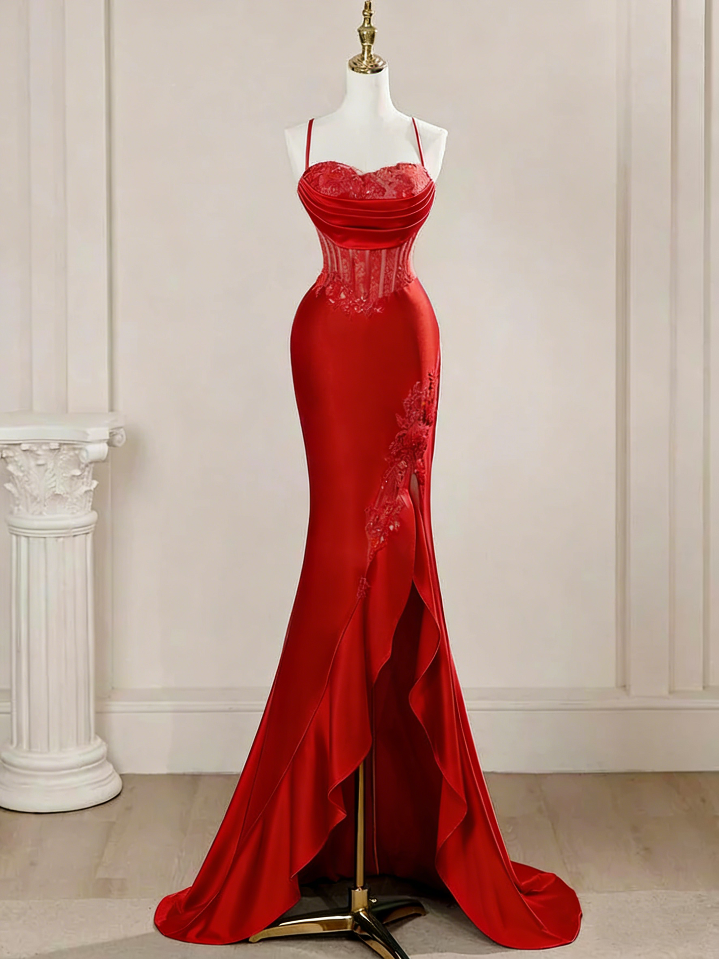 Elegant Mermaid Spaghetti Straps Blue Satin Beaded Pleated Long Prom Dresses Vestidos De Dia AB591