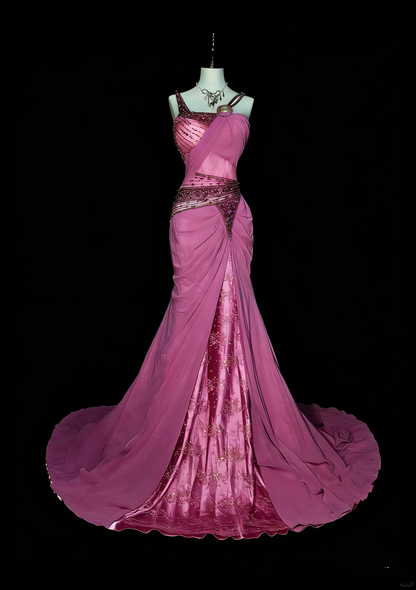 Vintage Meerjungfrauen-Abendkleid aus den 1960er Jahren mit herzförmigem Ausschnitt, Trägern, ärmellos, aus rosa Satin, N1597
