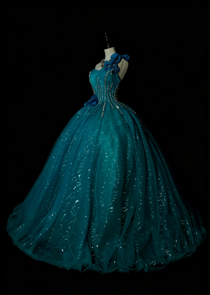 Robe de bal vintage asymétrique en tulle bleu, robe de quinceañera longue, taille 15, modèle N1481
