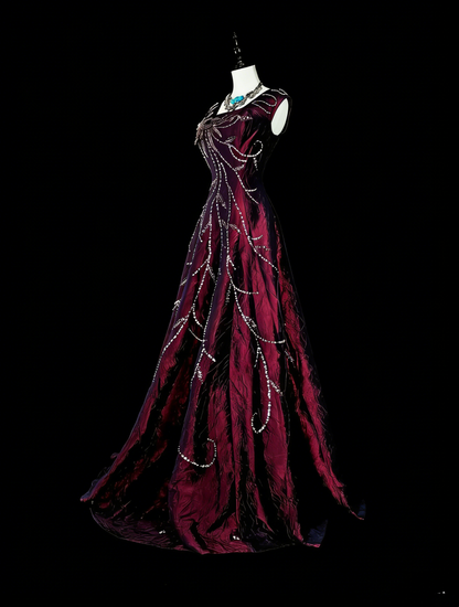 Vintage Ballkleider A-Linie, eckiger Ausschnitt, Lila mit Perlenstickerei, 1970er Jahre, langes Abendkleid N2700