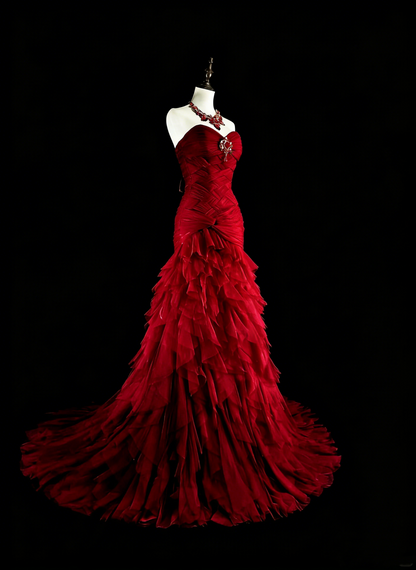 Robes de bal vintage sirène bustier cœur rouge tulle avec couches étagées longue robe de soirée N2376