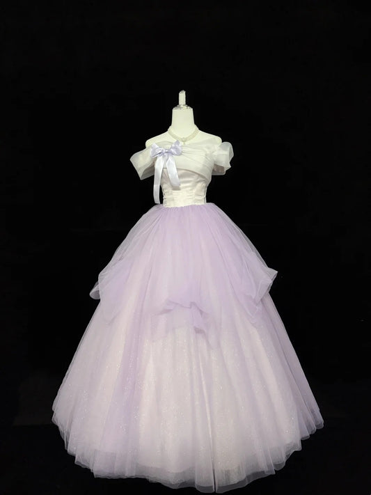Sweet 16 Dresses Long Ball Gown Off Shoulder With Sleeves Lilac Tulle Sweet Sixteen Birthday Gown RC0343