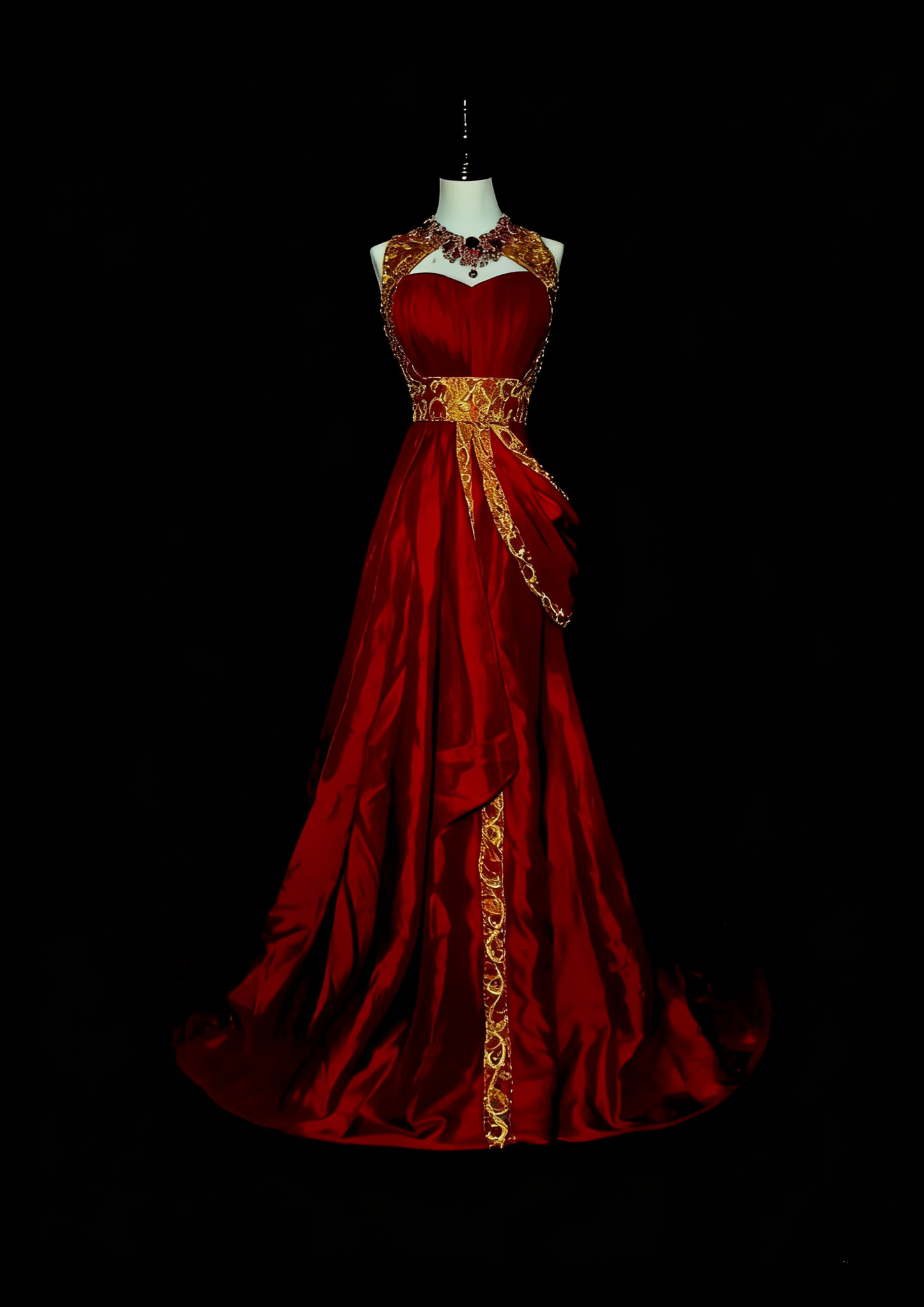 Robe de bal de fin d'année bordeaux, coupe trapèze, sans manches, ornée d'appliqués dorés, référence N1369