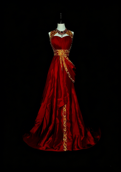 Robe de bal de fin d'année bordeaux, coupe trapèze, sans manches, ornée d'appliqués dorés, référence N1369