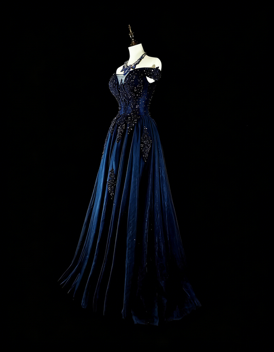 Vintage A line Off The Shoulder Navy Blue Tulle 90s Evening Gowns Formal Birthday Dress Long Prom Dresses N1752