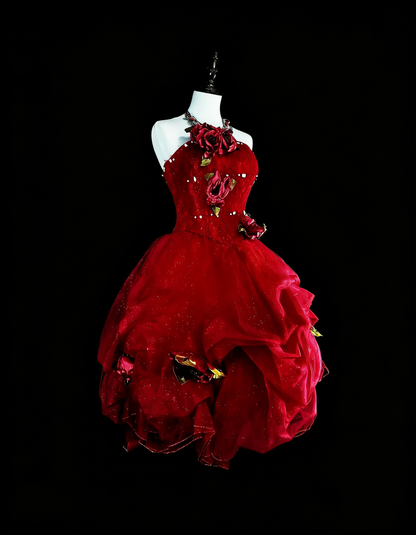 Jolie robe de bal bustier en tulle bordeaux avec appliqués 3D, robes courtes de bal de promo N2384
