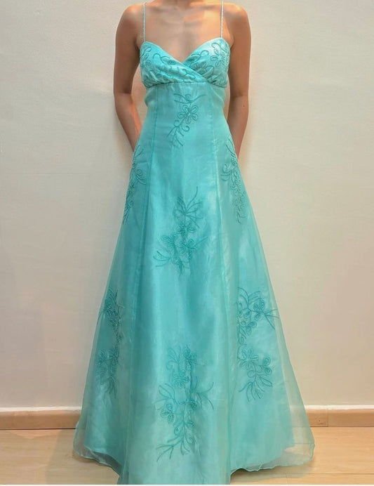 Vintage Ballkleid 2000er Spaghettiträger Blaues Abendkleid Lange Abschlussballkleider N2673