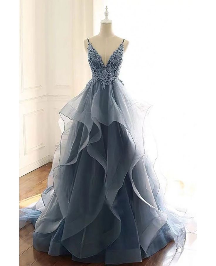 Beautiful Vneck Sequined Lace Ruffled Blue Prom Dress With Straps N1783