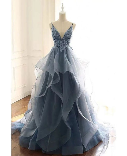 Beautiful Vneck Sequined Lace Ruffled Blue Prom Dress With Straps N1783
