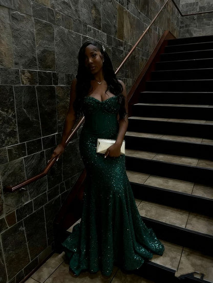 Elegantes, langes Meerjungfrauen-Abendkleid mit goldenen Pailletten und herzförmigem Ausschnitt, formelles Partykleid für Damen AB1528