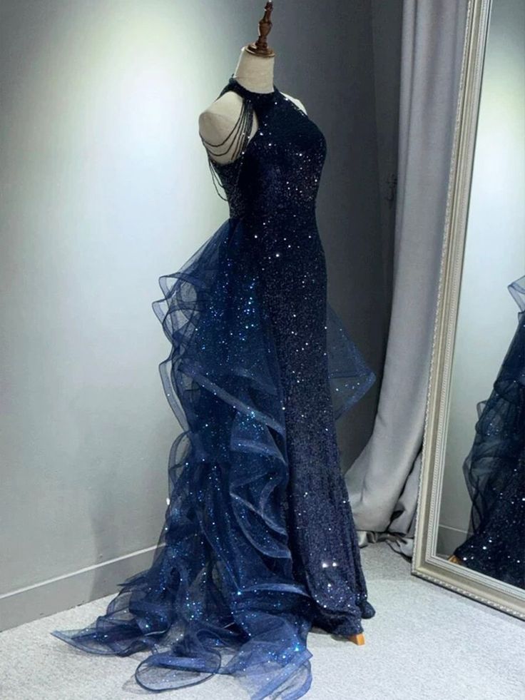 Marineblaues Pailletten-Abendkleid im Meerjungfrauenstil, langes Ballkleid AB680