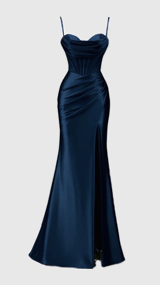 Navy Blue Mermaid Prom Dress Aesthetic Spaghetti Straps With Slit Long Prom Dresses Dark Blue Formal Gown Inspo Evening Outfit AB723