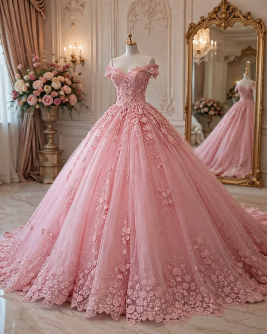 Dreamy pink Princess Ball Gown Wedding & Formal Events Off The Shoulder With Flowers Quince Dress Quinceanera Dresses Birthday Outfits RB8229