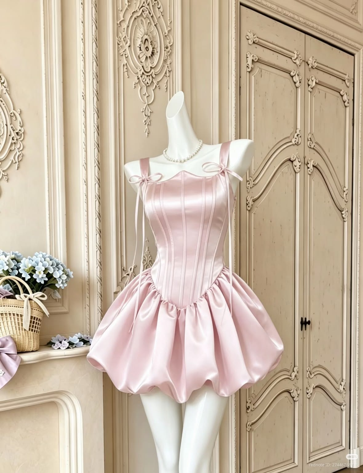 Pretty Ball Gown Straps Pink Satin Homecoming Dress With Bow Short Party Dresses RB6830
