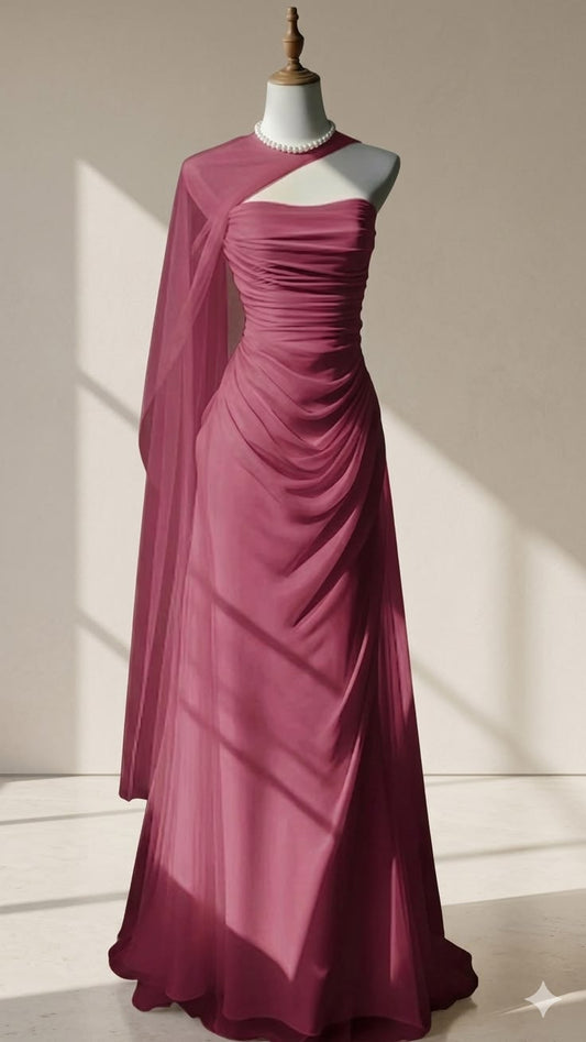 Modest Prom Dresses Mermaid Strapless Burgundy With Cape Long Chiffon Evening Formal Dress RB3334