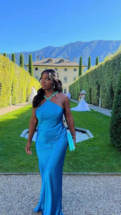 Sexy High Neck Blue Satin Long Prom Dresses Mermaid For Women N4182
