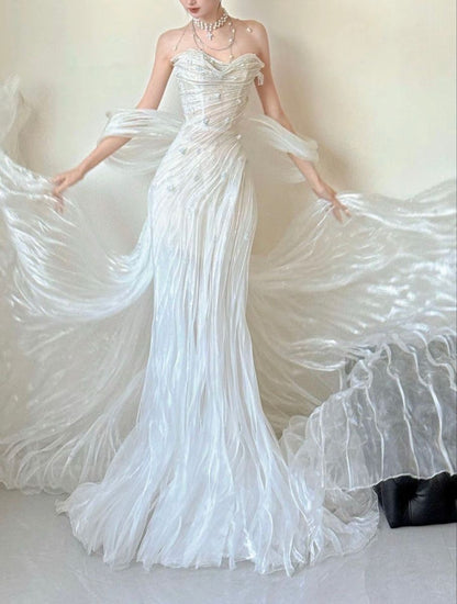 Bezauberndes langes Meerjungfrauen-Brautkleid mit Pailletten, Falten und Schleife, AB1465