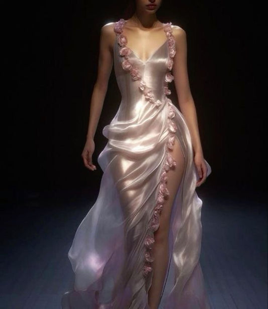 Mermaid Floor Length Pink Spaghetti Straps Prom Dress With Slit Long Floral Pleated Prom Dresses For Women AB1463