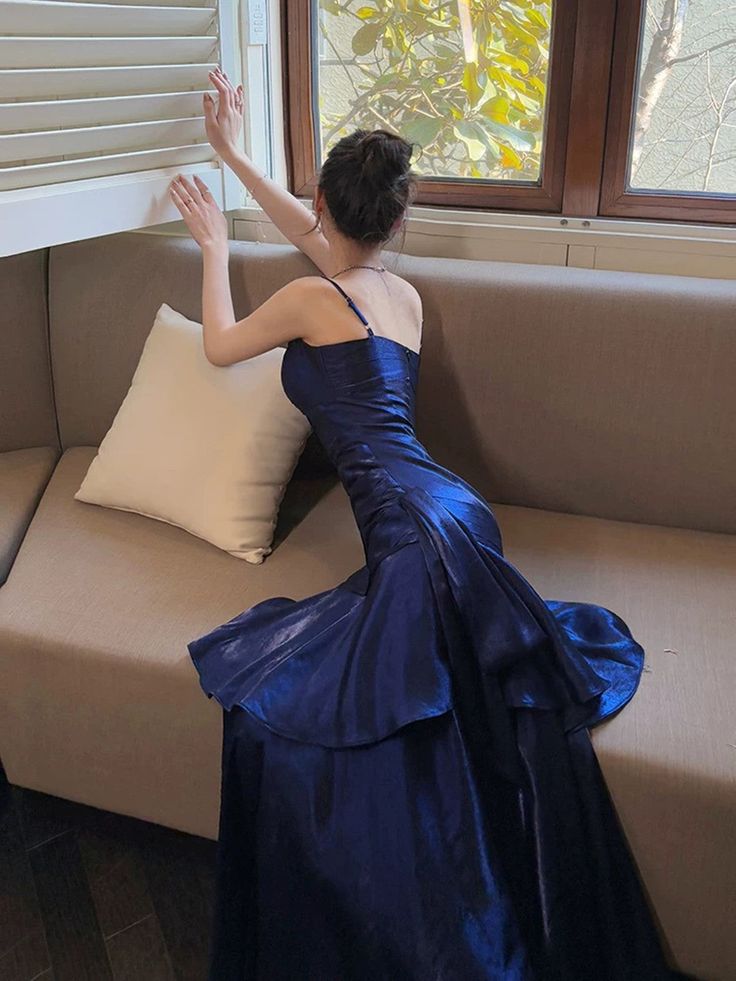 Navy Blue Sweetheart Straps Mermaid Party Dress, Navy Blue Sweetheart Prom Dress For Women AB1459