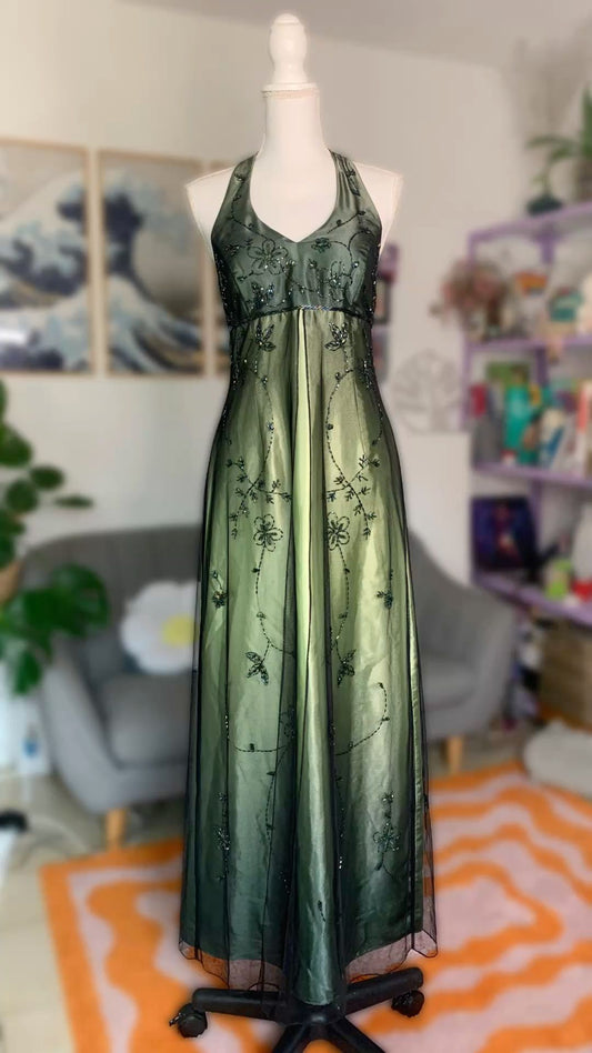 Vintage Prom Dresses A-Linie Neckholder Farbverlauf Grün mit Perlen Lang 90er Jahre Abendkleid Ballkleid RB3336